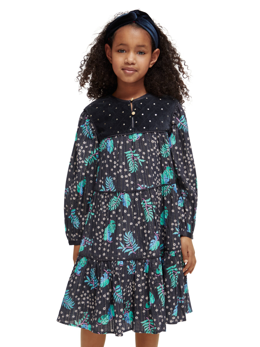 mädchenkleid aus samt mit allover-print und details