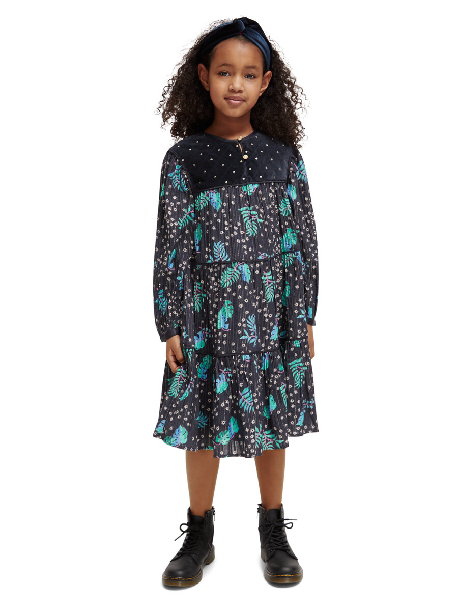 mädchenkleid aus samt mit allover-print und details