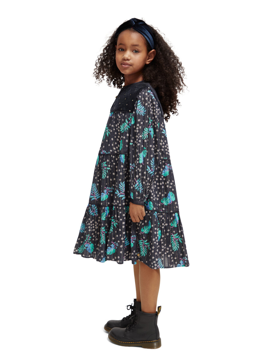 mädchenkleid aus samt mit allover-print und details