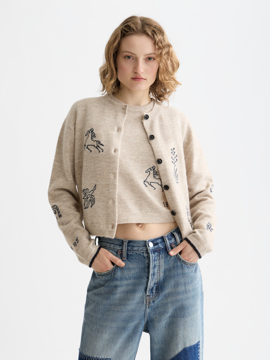 bestickte strickjacke mit rundhalsausschnitt
