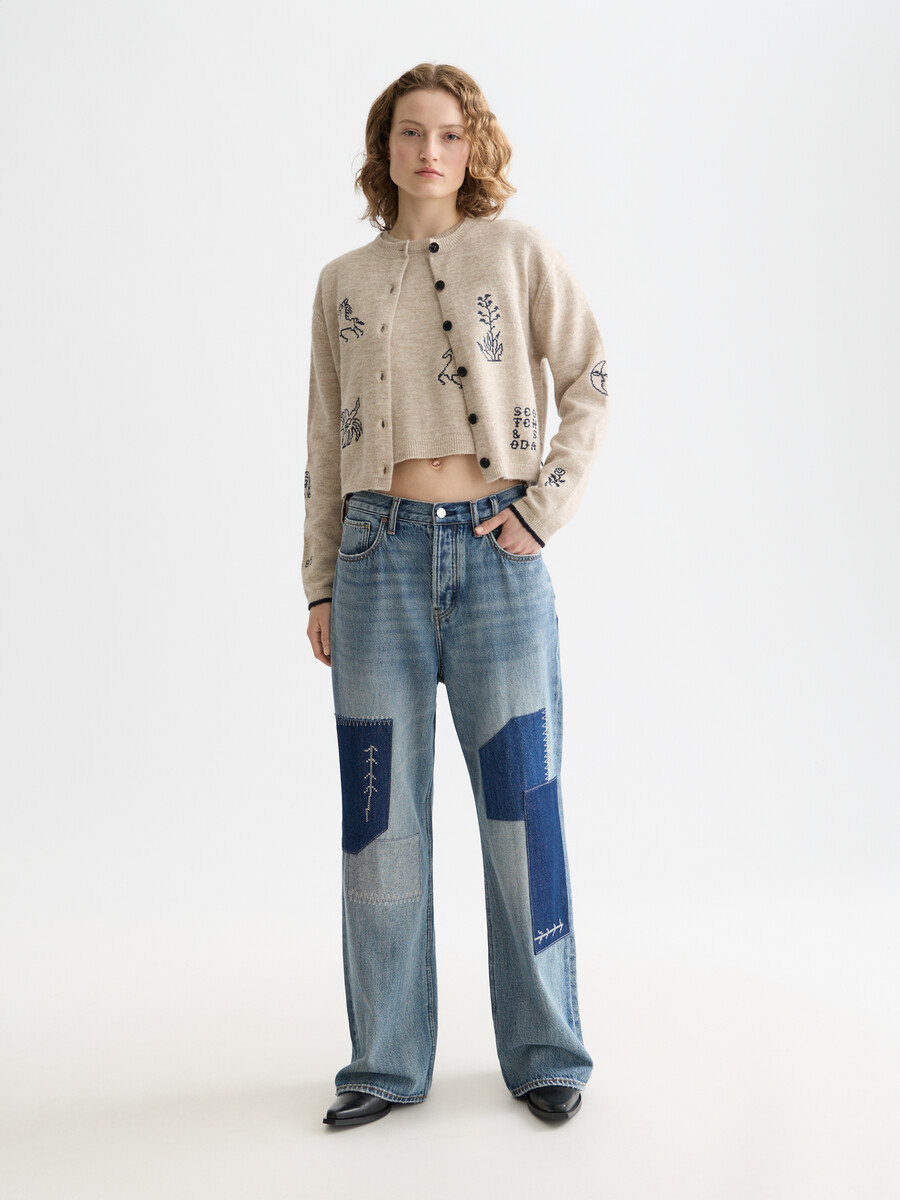 bestickte strickjacke mit rundhalsausschnitt
