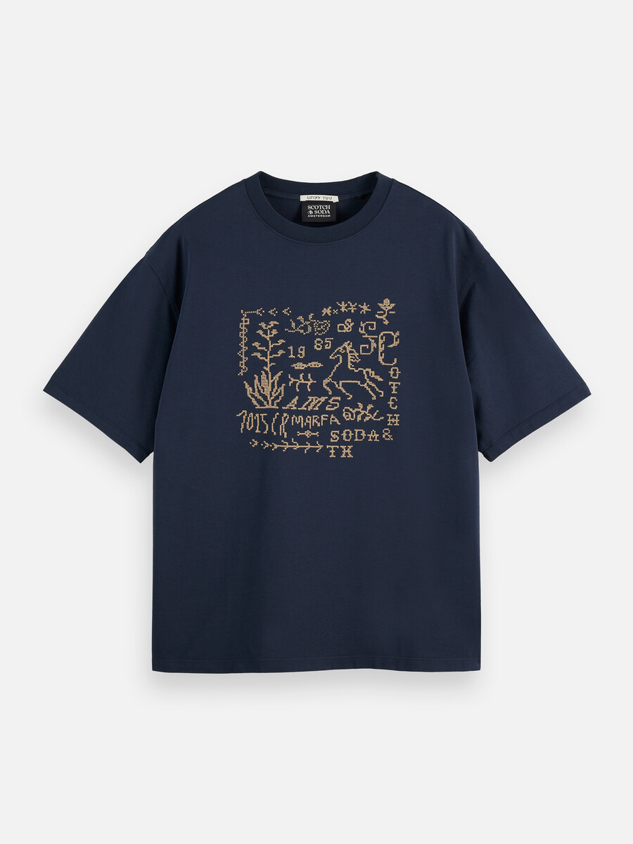 locker geschnittenes t-shirt mit kreuzstich-frontmotiv